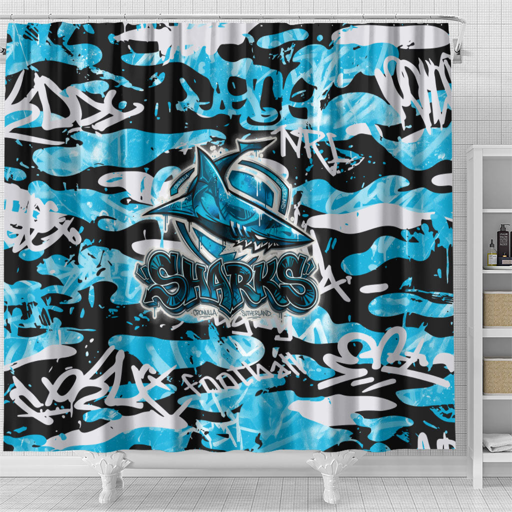 Cronulla-Sutherland Sharks Rugby Shower Curtain Graffiti Typography Urban Camo Abstract Street Style
