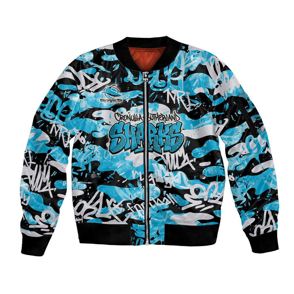 Cronulla-Sutherland Sharks Rugby Sleeve Zip Bomber Jacket Graffiti Typography Urban Camo Abstract Street Style