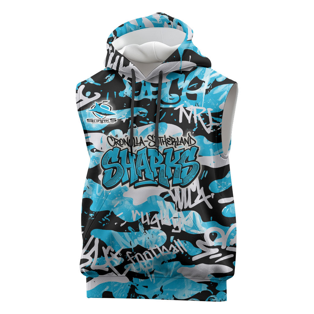 Cronulla-Sutherland Sharks Rugby Sleeveless Hoodie Graffiti Typography Urban Camo Abstract Street Style