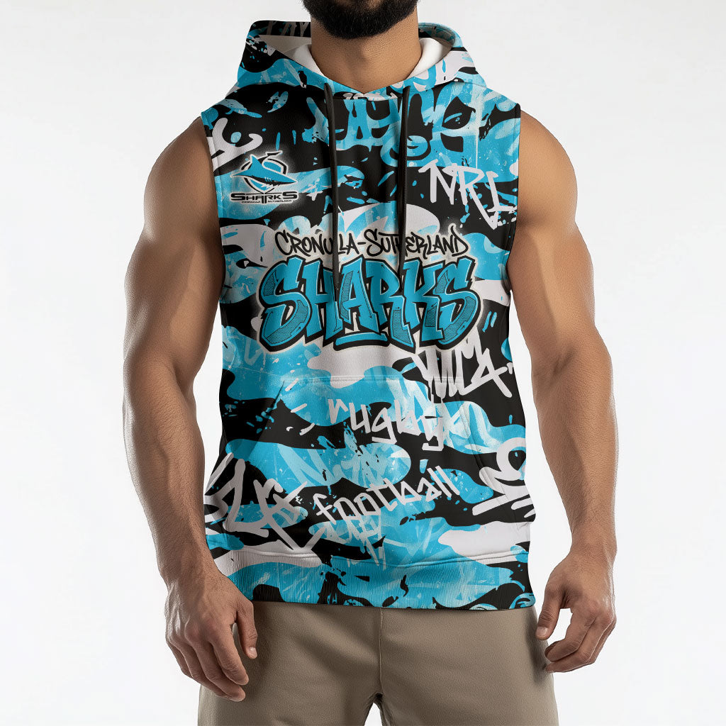 Cronulla-Sutherland Sharks Rugby Sleeveless Hoodie Graffiti Typography Urban Camo Abstract Street Style