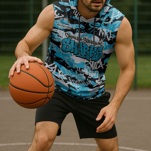 Cronulla-Sutherland Sharks Rugby Sleeveless Hoodie Graffiti Typography Urban Camo Abstract Street Style