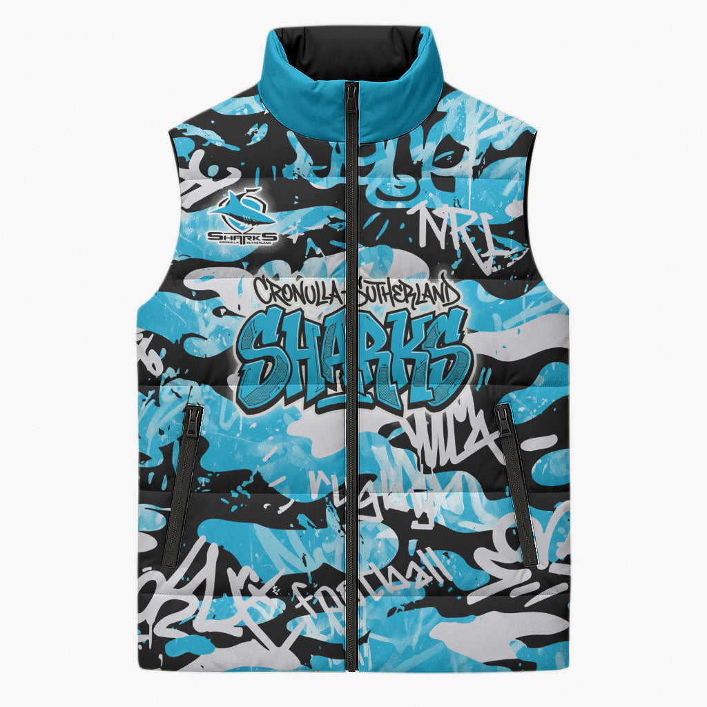 Cronulla-Sutherland Sharks Rugby Sleeveless Puffer Jacket Graffiti Typography Urban Camo Abstract Street Style