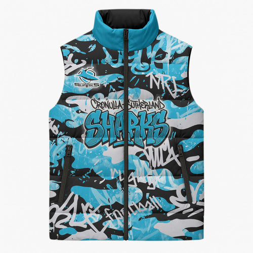 Cronulla-Sutherland Sharks Rugby Sleeveless Puffer Jacket Graffiti Typography Urban Camo Abstract Street Style