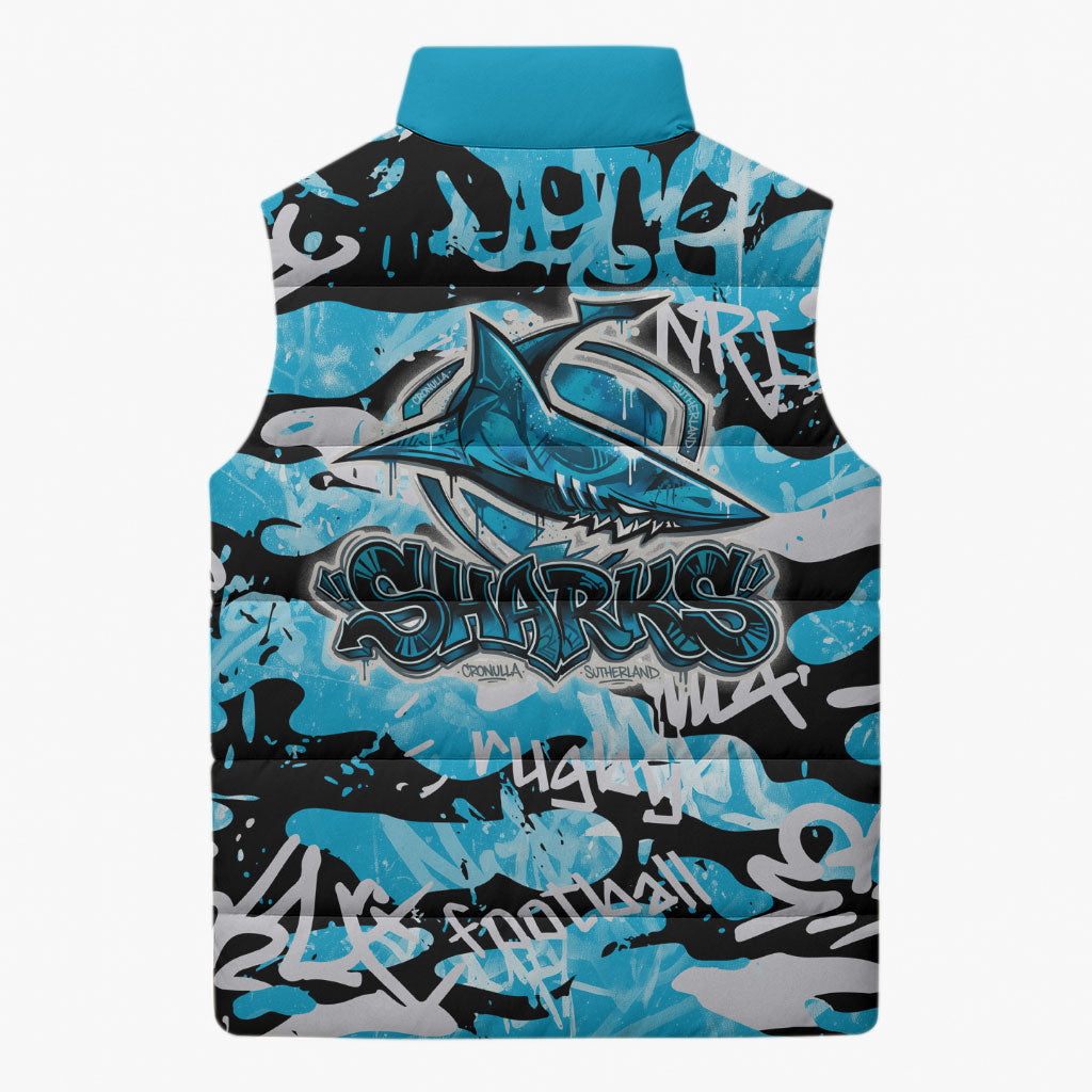 Cronulla-Sutherland Sharks Rugby Sleeveless Puffer Jacket Graffiti Typography Urban Camo Abstract Street Style
