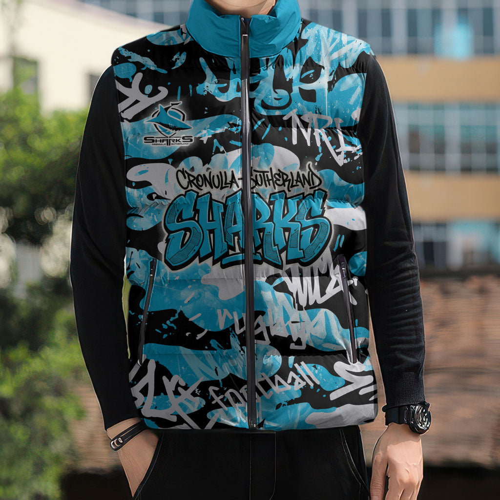 Cronulla-Sutherland Sharks Rugby Sleeveless Puffer Jacket Graffiti Typography Urban Camo Abstract Street Style