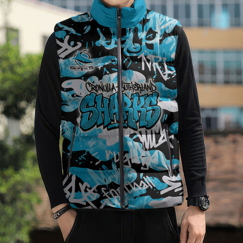 Cronulla-Sutherland Sharks Rugby Sleeveless Puffer Jacket Graffiti Typography Urban Camo Abstract Street Style