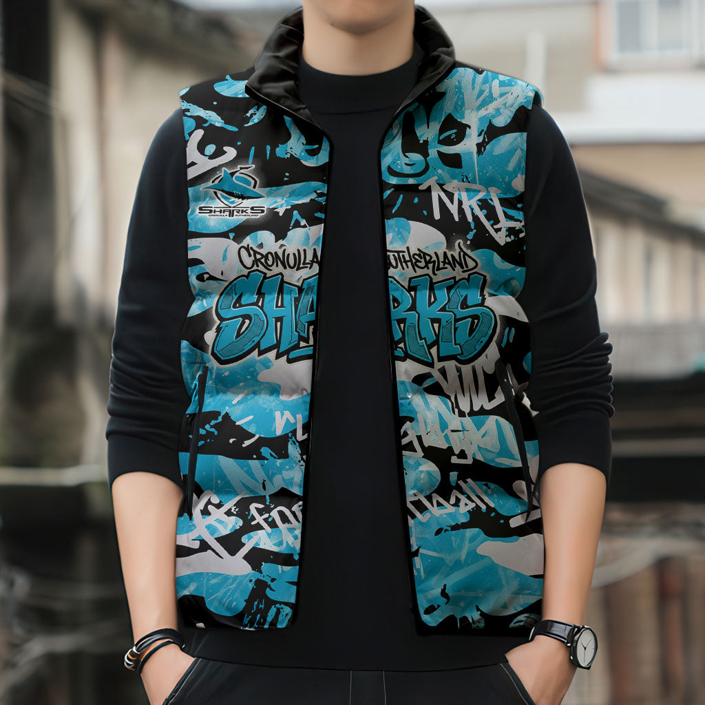 Cronulla-Sutherland Sharks Rugby Sleeveless Puffer Jacket Graffiti Typography Urban Camo Abstract Street Style
