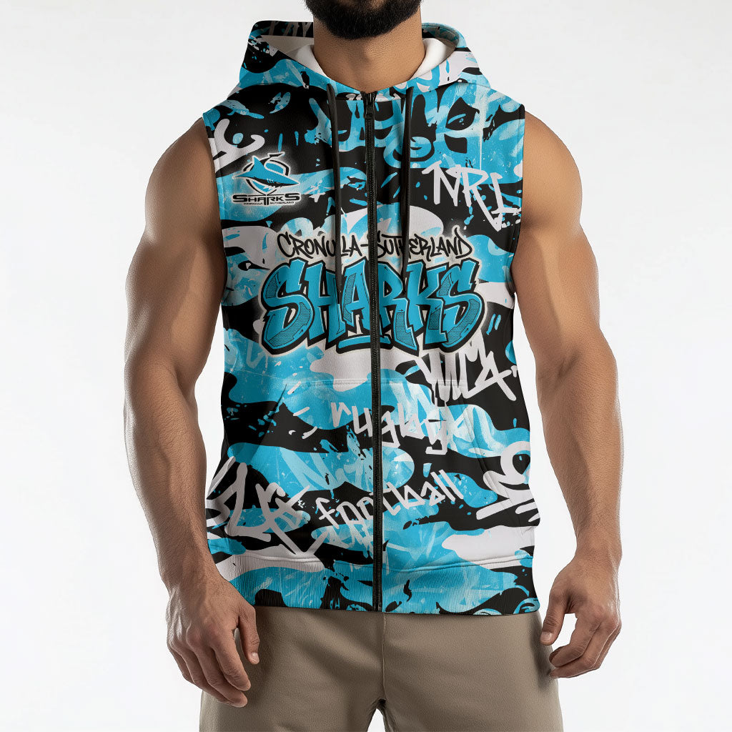 Cronulla-Sutherland Sharks Rugby Sleeveless Zip Hoodie Graffiti Typography Urban Camo Abstract Street Style