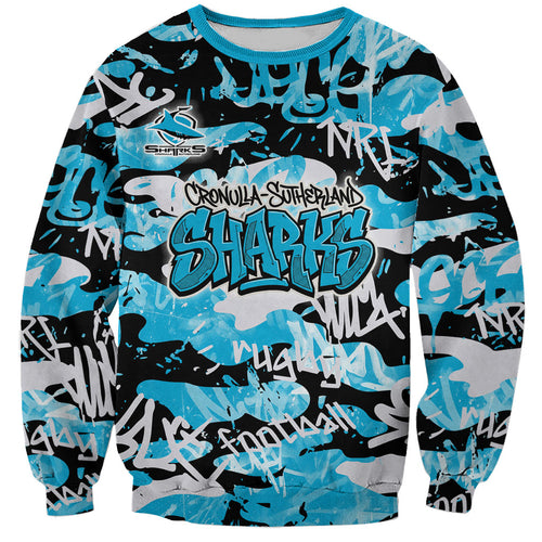 Cronulla-Sutherland Sharks Rugby Sweatshirt Graffiti Typography Urban Camo Abstract Street Style