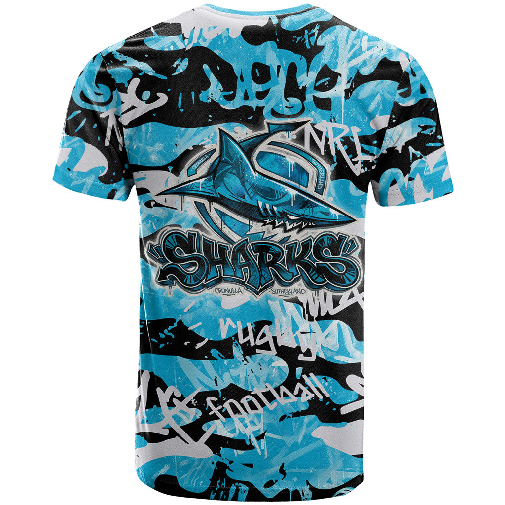 Cronulla-Sutherland Sharks Rugby T Shirt Graffiti Typography Urban Camo Abstract Street Style