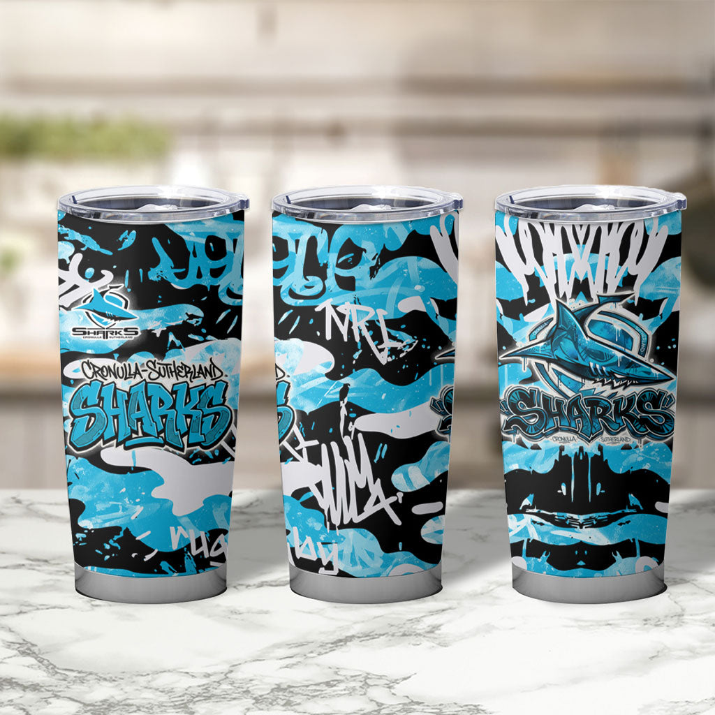 Cronulla-Sutherland Sharks Rugby Tumbler Cup Graffiti Typography Urban Camo Abstract Street Style