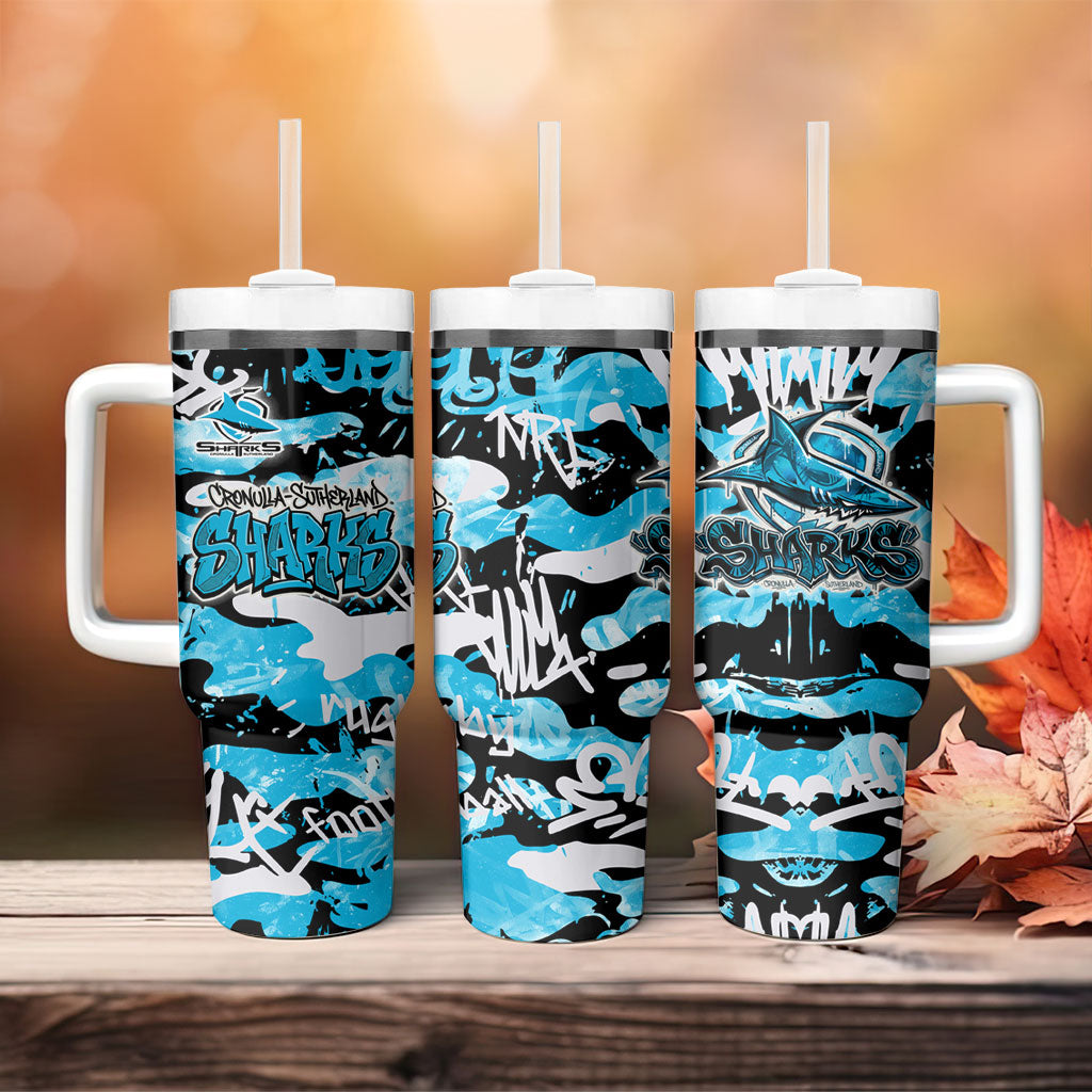 Cronulla-Sutherland Sharks Rugby Tumbler With Handle Graffiti Typography Urban Camo Abstract Street Style