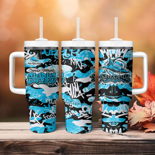 Cronulla-Sutherland Sharks Rugby Tumbler With Handle Graffiti Typography Urban Camo Abstract Street Style