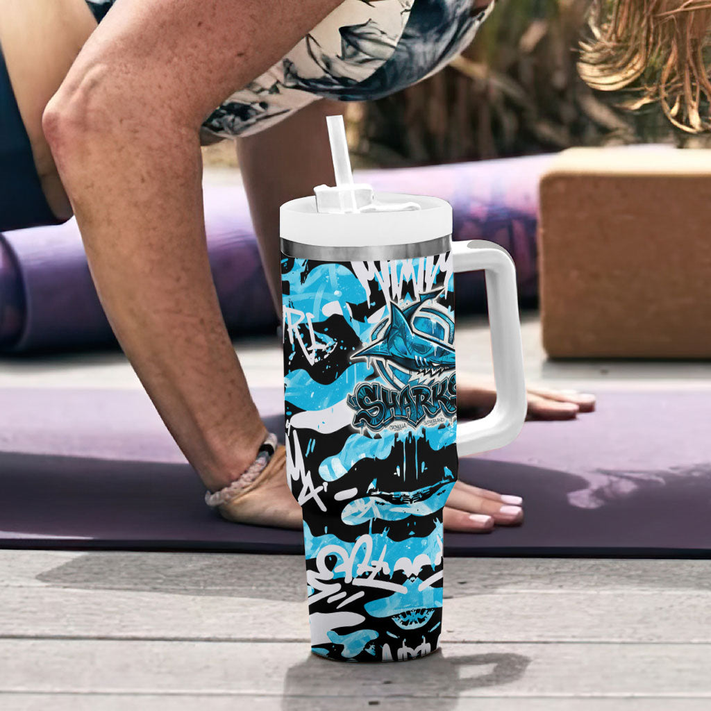Cronulla-Sutherland Sharks Rugby Tumbler With Handle Graffiti Typography Urban Camo Abstract Street Style
