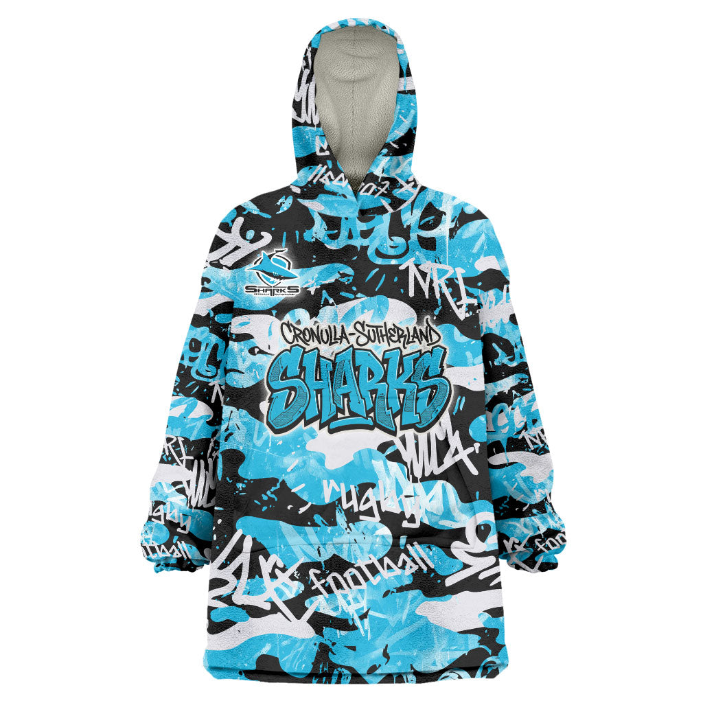 Cronulla-Sutherland Sharks Rugby Wearable Blanket Hoodie Graffiti Typography Urban Camo Abstract Street Style