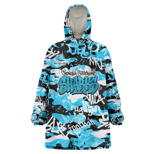 Cronulla-Sutherland Sharks Rugby Wearable Blanket Hoodie Graffiti Typography Urban Camo Abstract Street Style