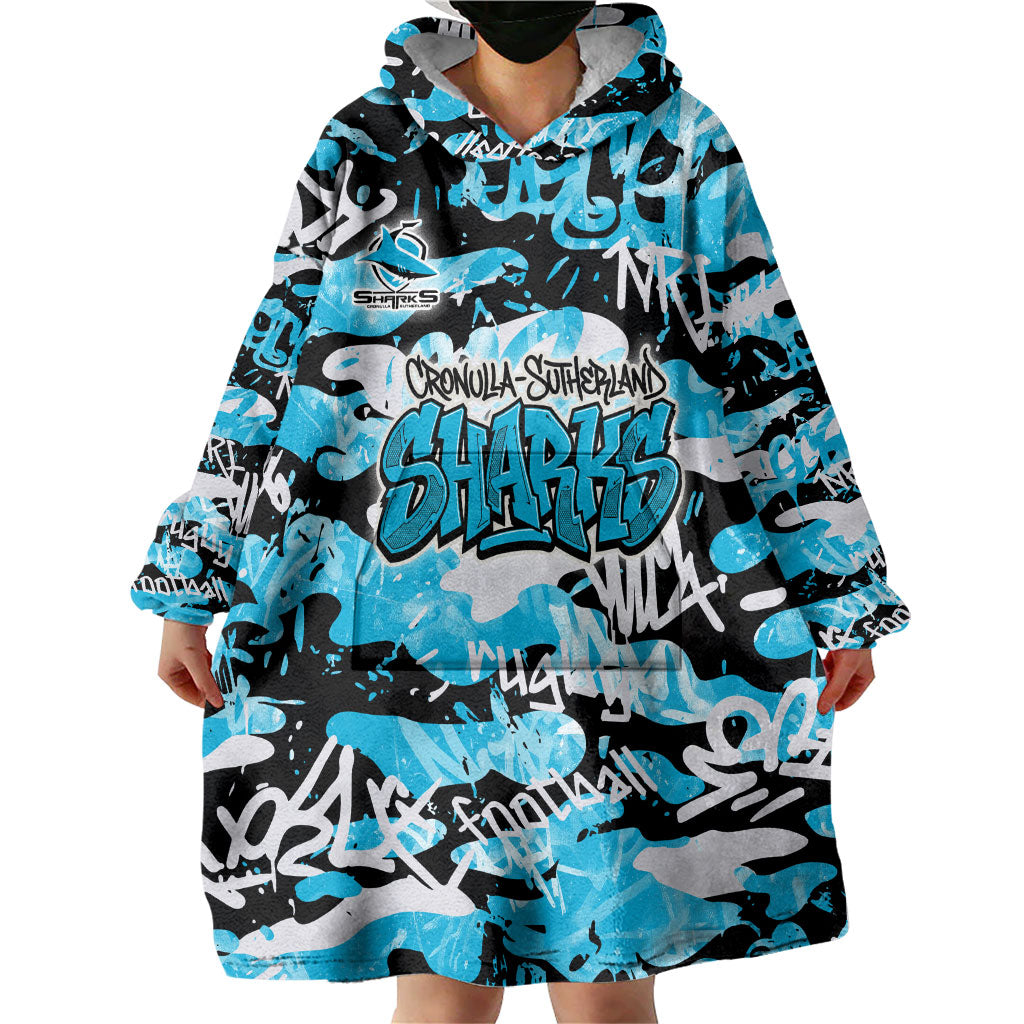 Cronulla-Sutherland Sharks Rugby Wearable Blanket Hoodie Graffiti Typography Urban Camo Abstract Street Style