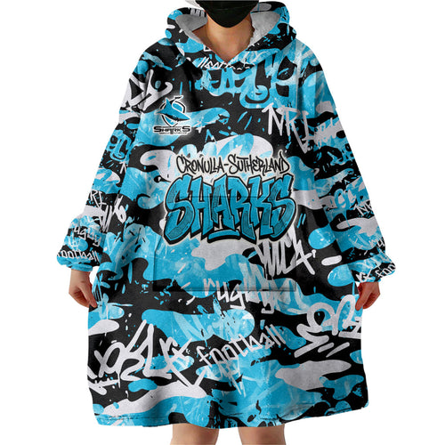 Cronulla-Sutherland Sharks Rugby Wearable Blanket Hoodie Graffiti Typography Urban Camo Abstract Street Style