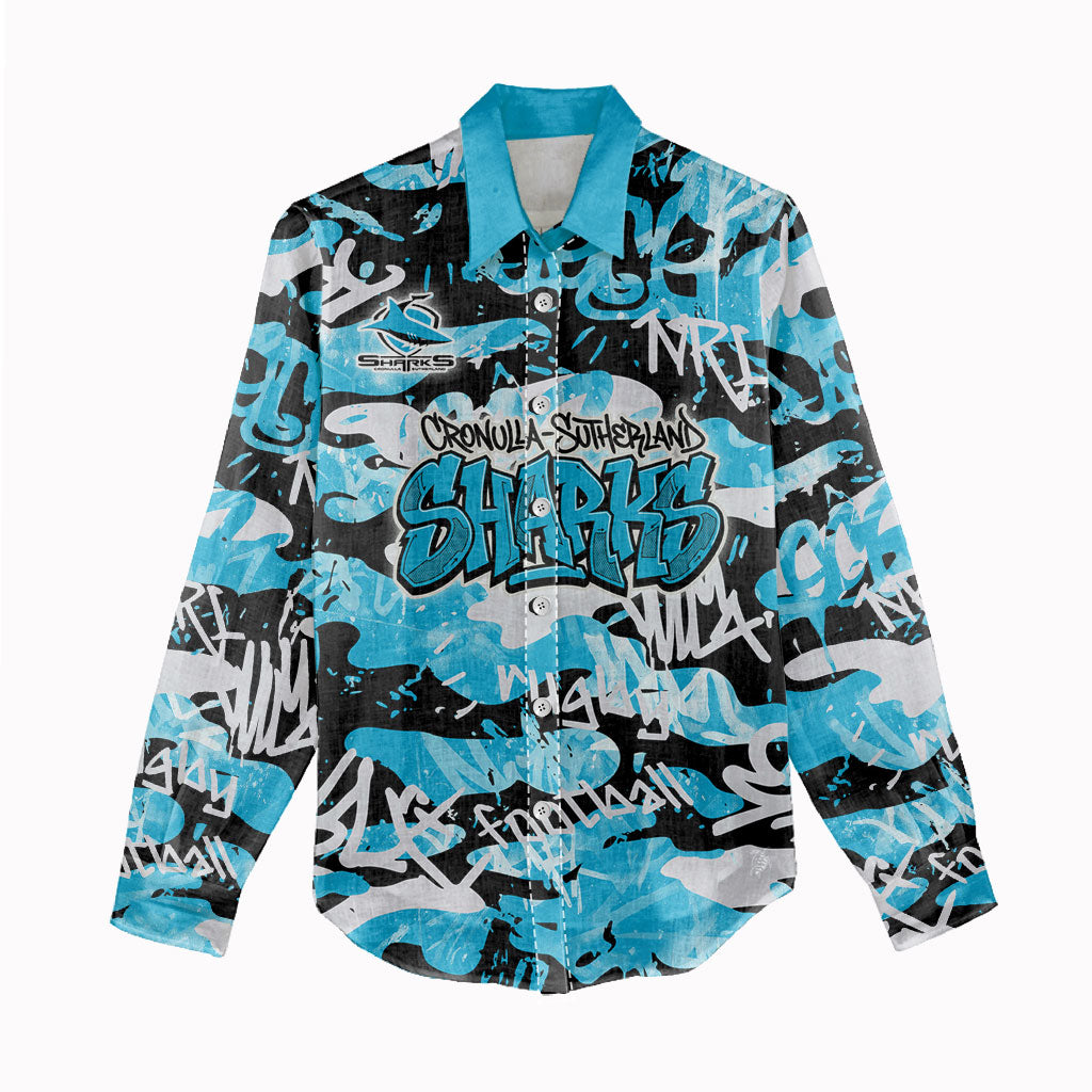 Cronulla-Sutherland Sharks Rugby Women Casual Shirt Graffiti Typography Urban Camo Abstract Street Style