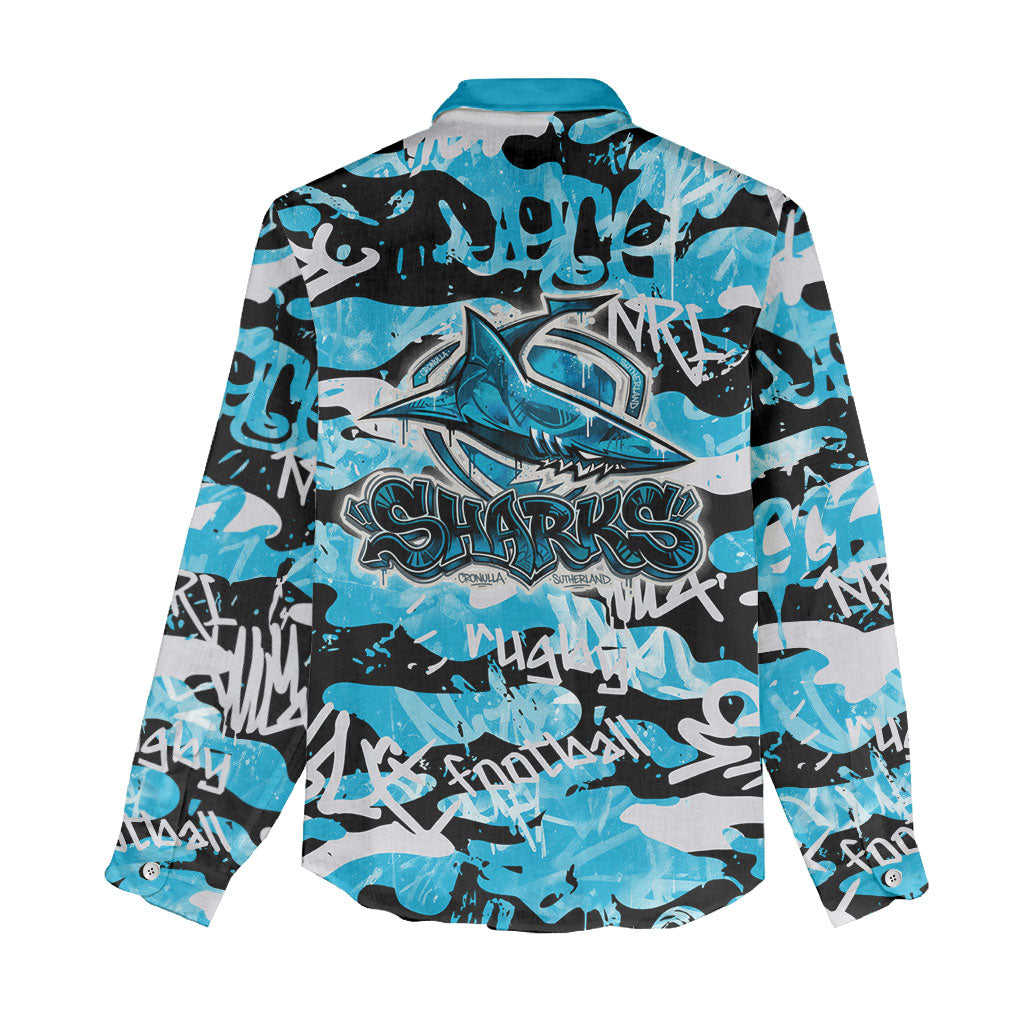 Cronulla-Sutherland Sharks Rugby Women Casual Shirt Graffiti Typography Urban Camo Abstract Street Style