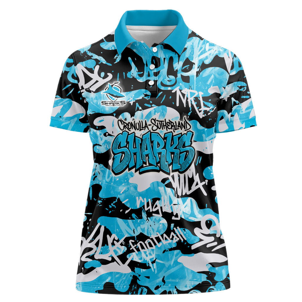 Cronulla-Sutherland Sharks Rugby Women Polo Shirt Graffiti Typography Urban Camo Abstract Street Style