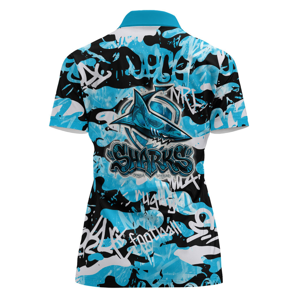 Cronulla-Sutherland Sharks Rugby Women Polo Shirt Graffiti Typography Urban Camo Abstract Street Style