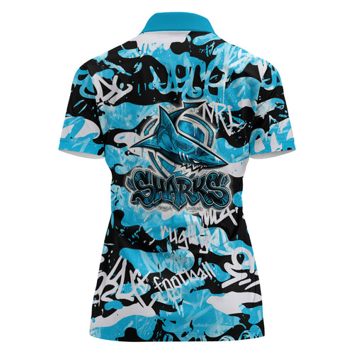 Cronulla-Sutherland Sharks Rugby Women Polo Shirt Graffiti Typography Urban Camo Abstract Street Style