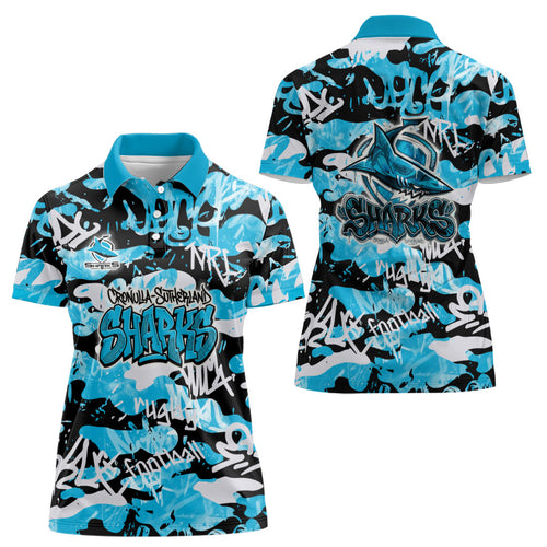 Cronulla-Sutherland Sharks Rugby Women Polo Shirt Graffiti Typography Urban Camo Abstract Street Style