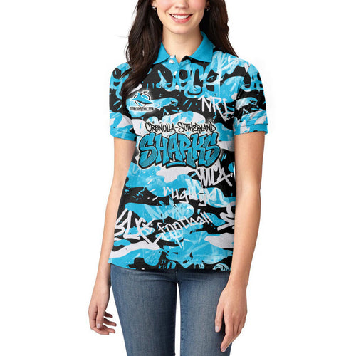 Cronulla-Sutherland Sharks Rugby Women Polo Shirt Graffiti Typography Urban Camo Abstract Street Style