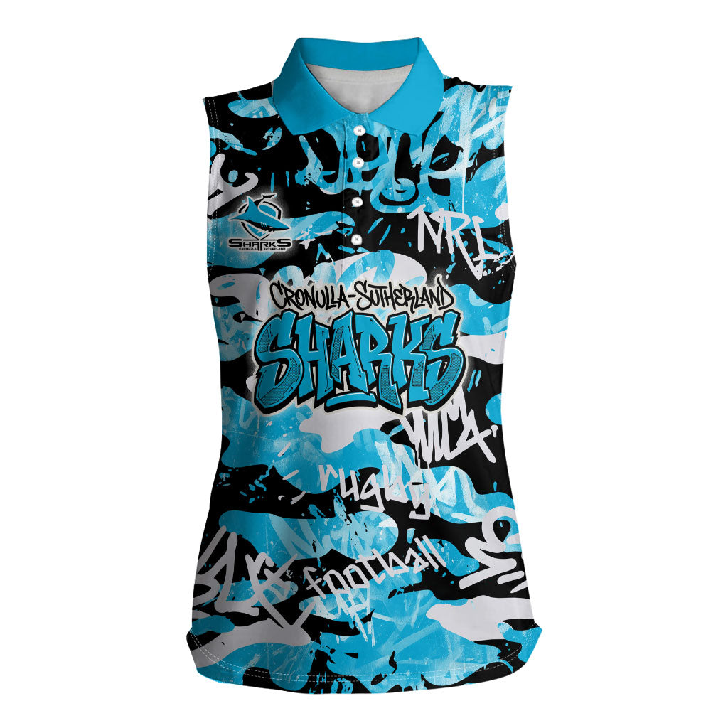 Cronulla-Sutherland Sharks Rugby Women Sleeveless Polo Shirt Graffiti Typography Urban Camo Abstract Street Style