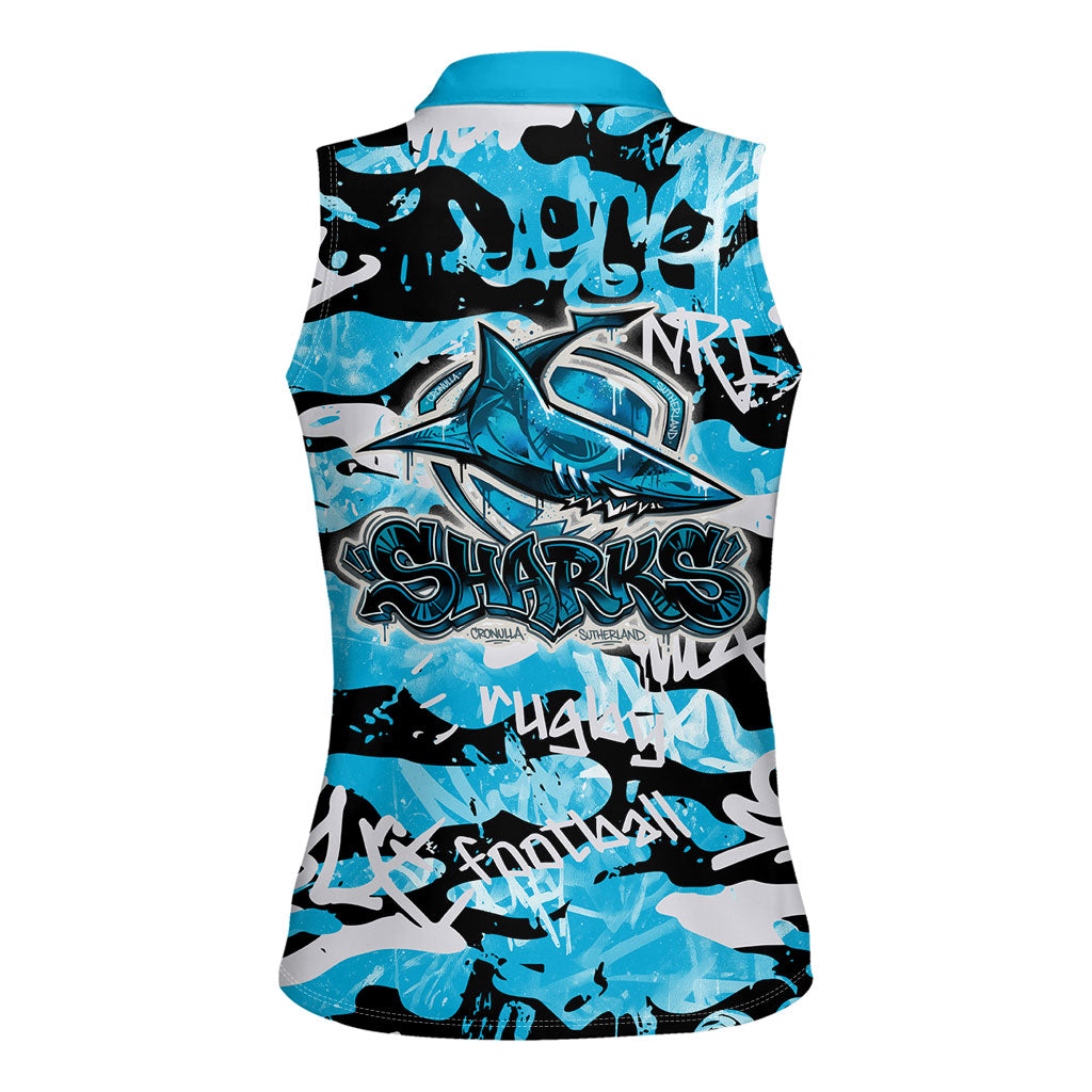 Cronulla-Sutherland Sharks Rugby Women Sleeveless Polo Shirt Graffiti Typography Urban Camo Abstract Street Style