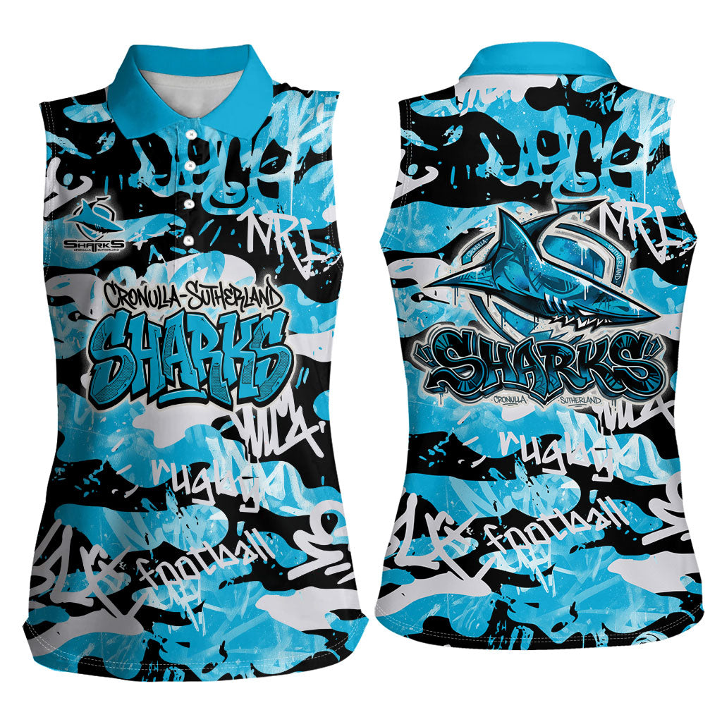 Cronulla-Sutherland Sharks Rugby Women Sleeveless Polo Shirt Graffiti Typography Urban Camo Abstract Street Style