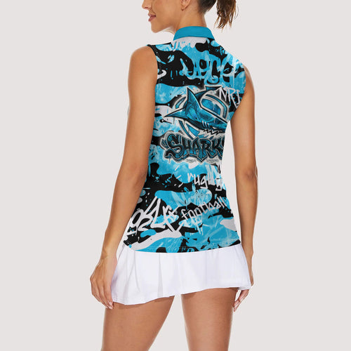 Cronulla-Sutherland Sharks Rugby Women Sleeveless Polo Shirt Graffiti Typography Urban Camo Abstract Street Style