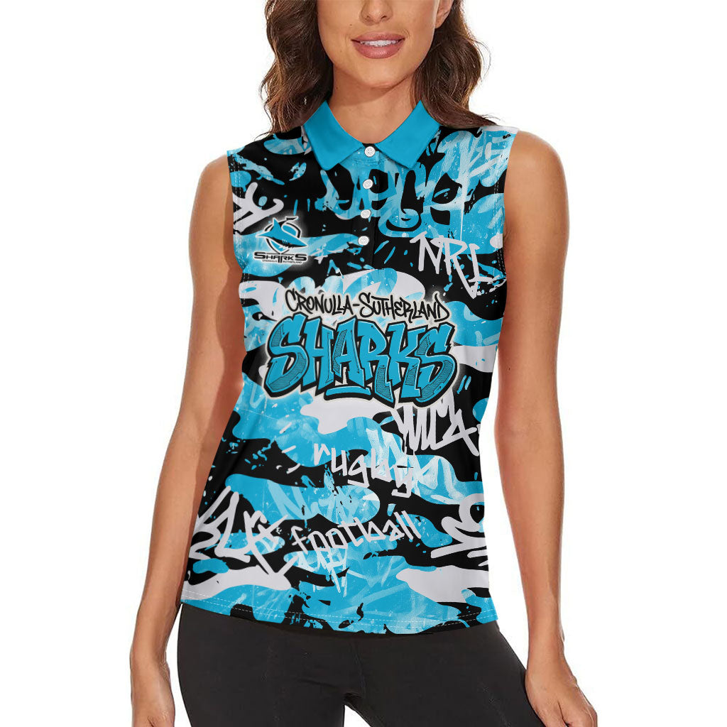 Cronulla-Sutherland Sharks Rugby Women Sleeveless Polo Shirt Graffiti Typography Urban Camo Abstract Street Style