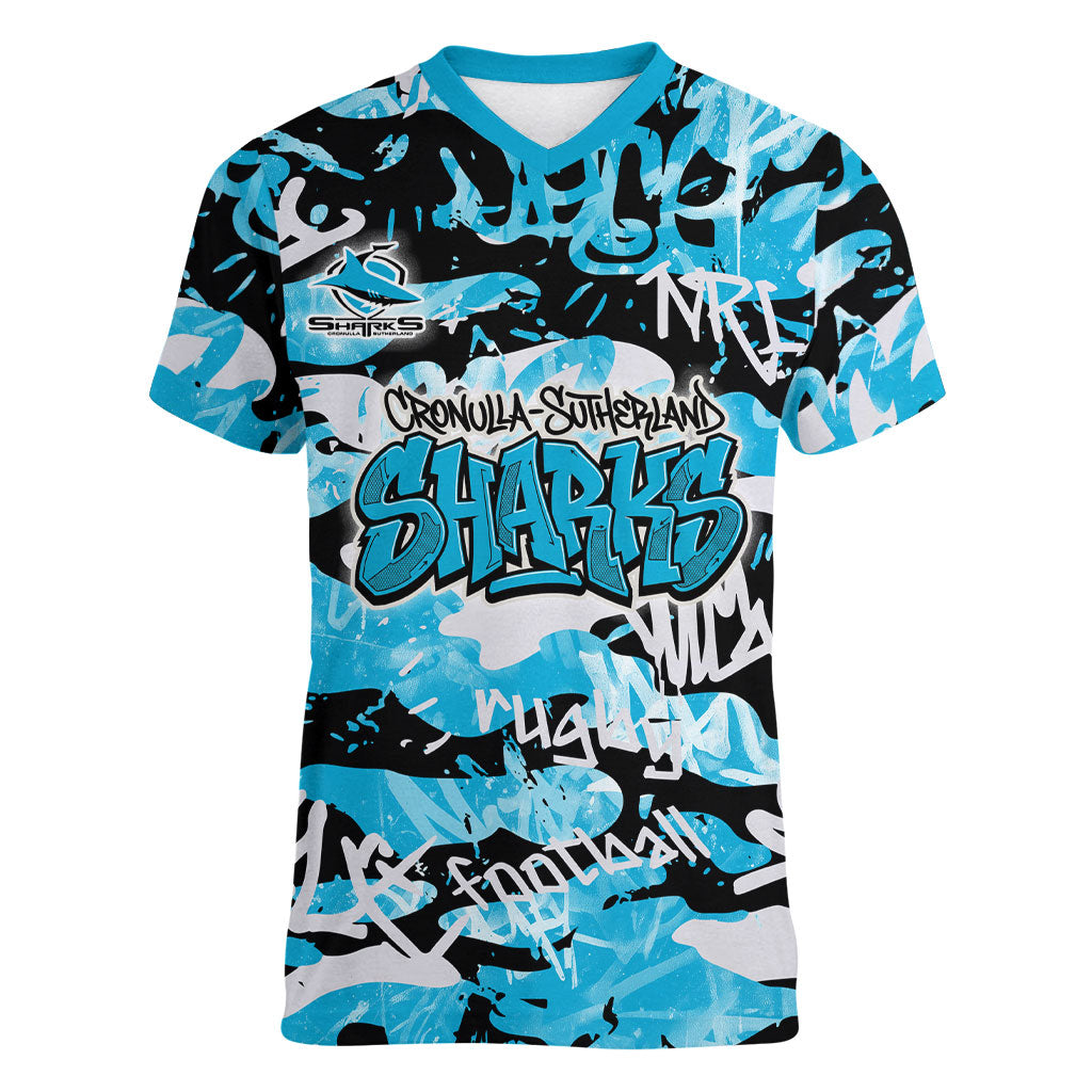Cronulla-Sutherland Sharks Rugby Women V-Neck T-Shirt Graffiti Typography Urban Camo Abstract Street Style