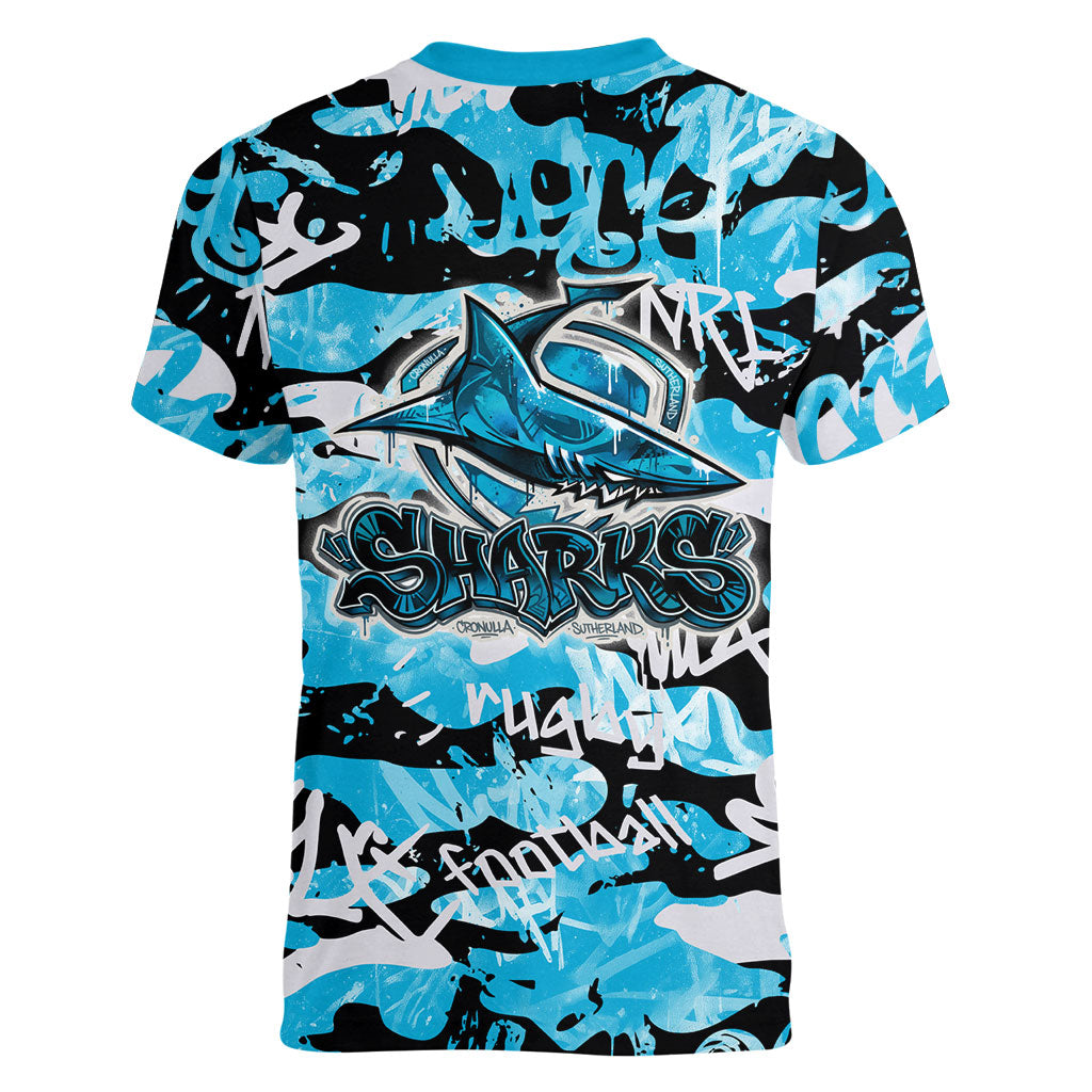 Cronulla-Sutherland Sharks Rugby Women V-Neck T-Shirt Graffiti Typography Urban Camo Abstract Street Style
