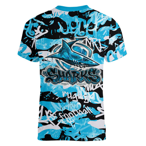 Cronulla-Sutherland Sharks Rugby Women V-Neck T-Shirt Graffiti Typography Urban Camo Abstract Street Style