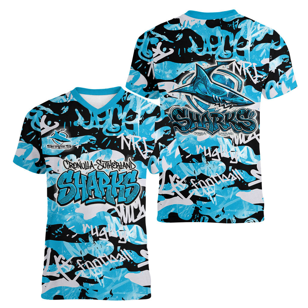 Cronulla-Sutherland Sharks Rugby Women V-Neck T-Shirt Graffiti Typography Urban Camo Abstract Street Style