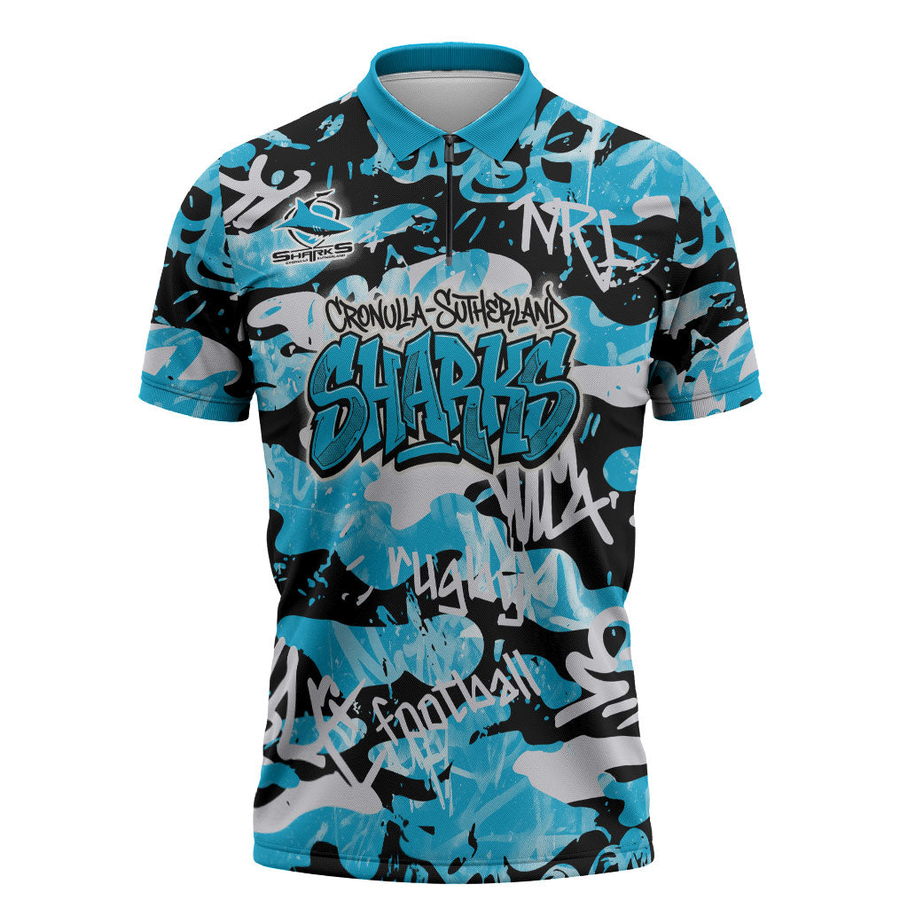 Cronulla-Sutherland Sharks Rugby Zipper Polo Shirt Graffiti Typography Urban Camo Abstract Street Style