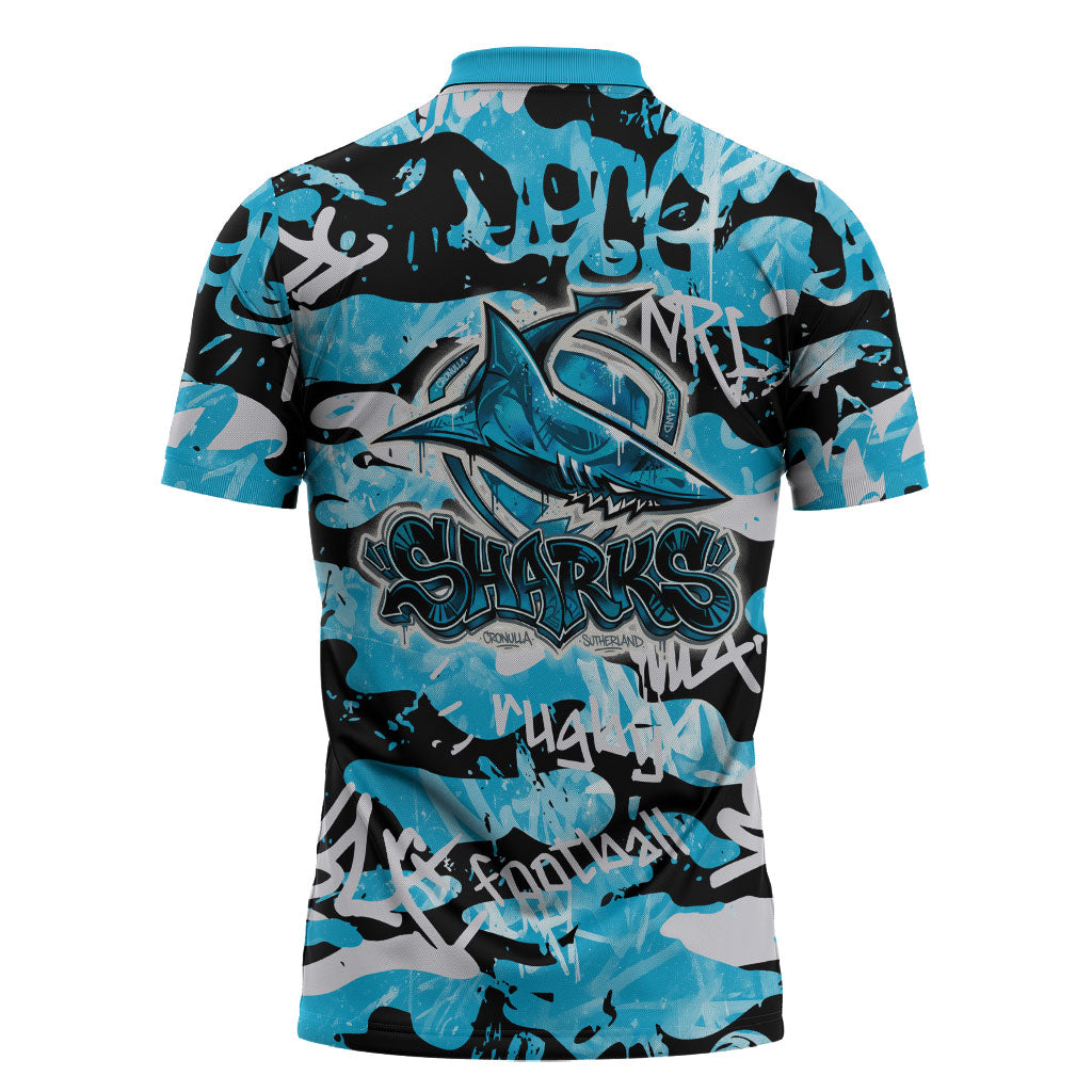 Cronulla-Sutherland Sharks Rugby Zipper Polo Shirt Graffiti Typography Urban Camo Abstract Street Style