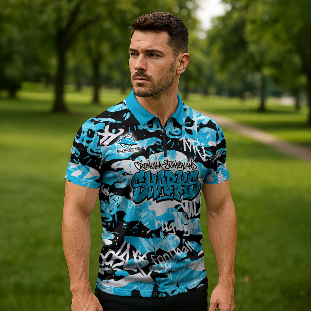 Cronulla-Sutherland Sharks Rugby Zipper Polo Shirt Graffiti Typography Urban Camo Abstract Street Style