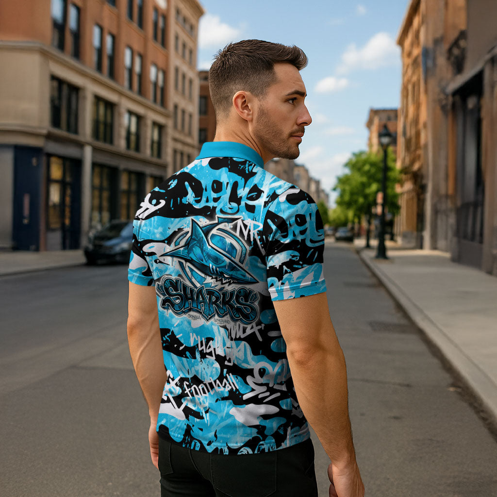 Cronulla-Sutherland Sharks Rugby Zipper Polo Shirt Graffiti Typography Urban Camo Abstract Street Style