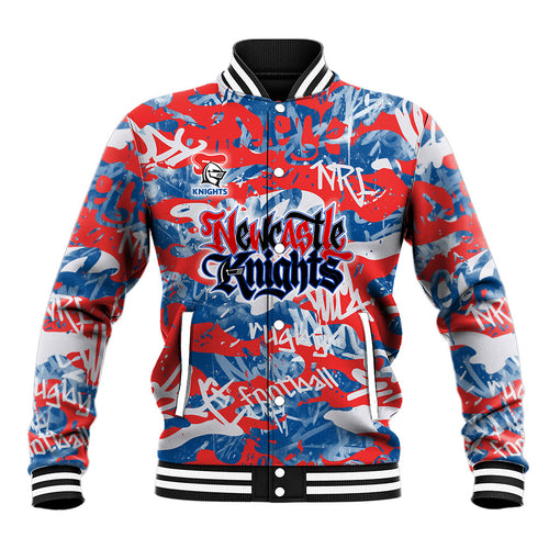 Newcastle Knights Rugby Baseball Jacket Graffiti Typography Urban Camo Abstract Street Style