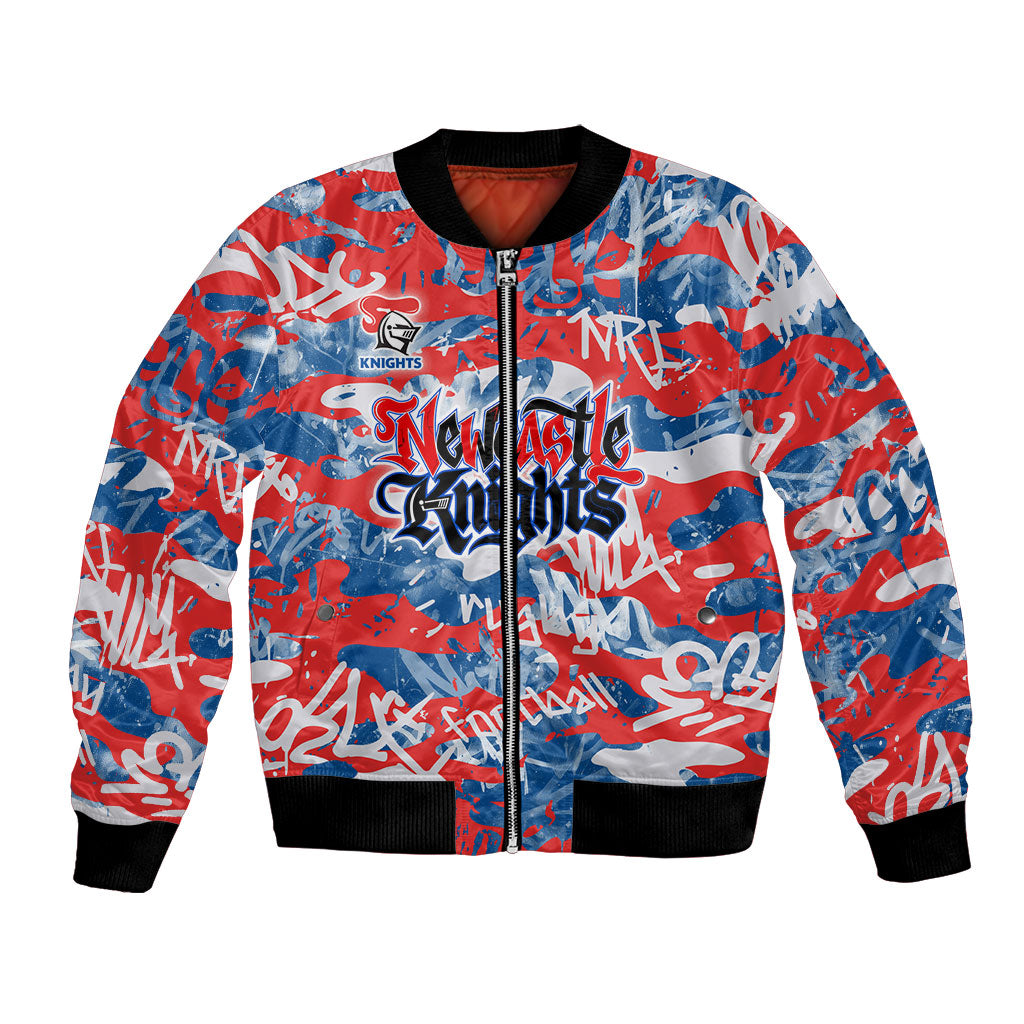 Newcastle Knights Rugby Bomber Jacket Graffiti Typography Urban Camo Abstract Street Style