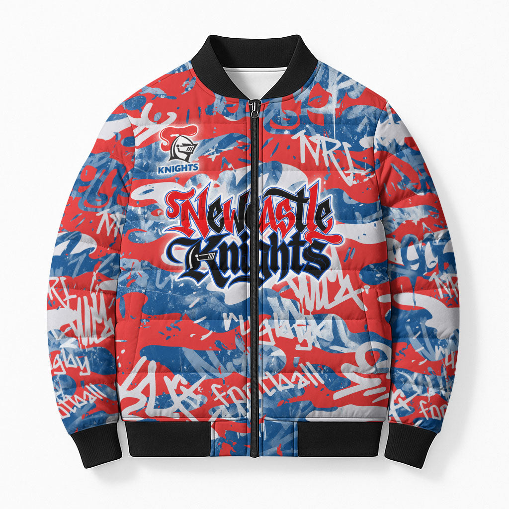 Newcastle Knights Rugby Bomber Puffer Jacket Graffiti Typography Urban Camo Abstract Street Style