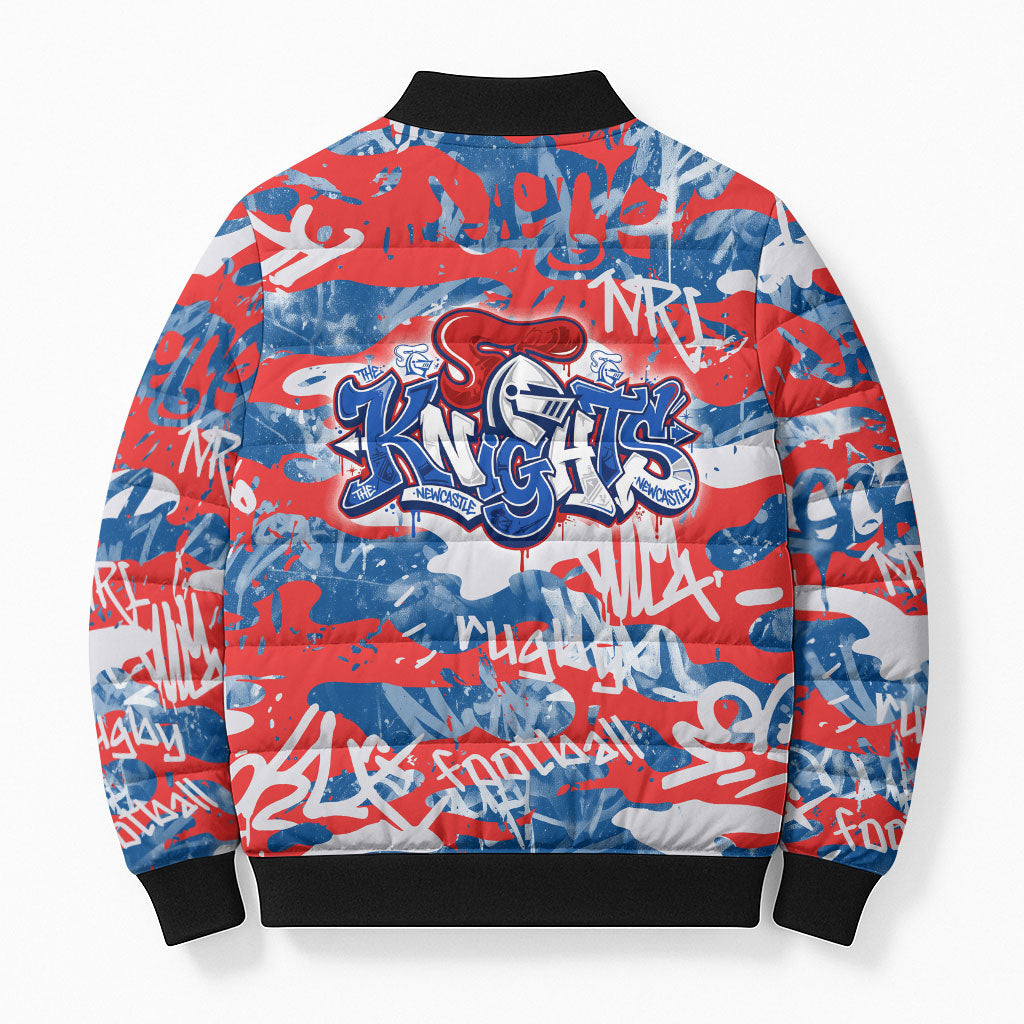 Newcastle Knights Rugby Bomber Puffer Jacket Graffiti Typography Urban Camo Abstract Street Style
