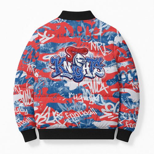 Newcastle Knights Rugby Bomber Puffer Jacket Graffiti Typography Urban Camo Abstract Street Style