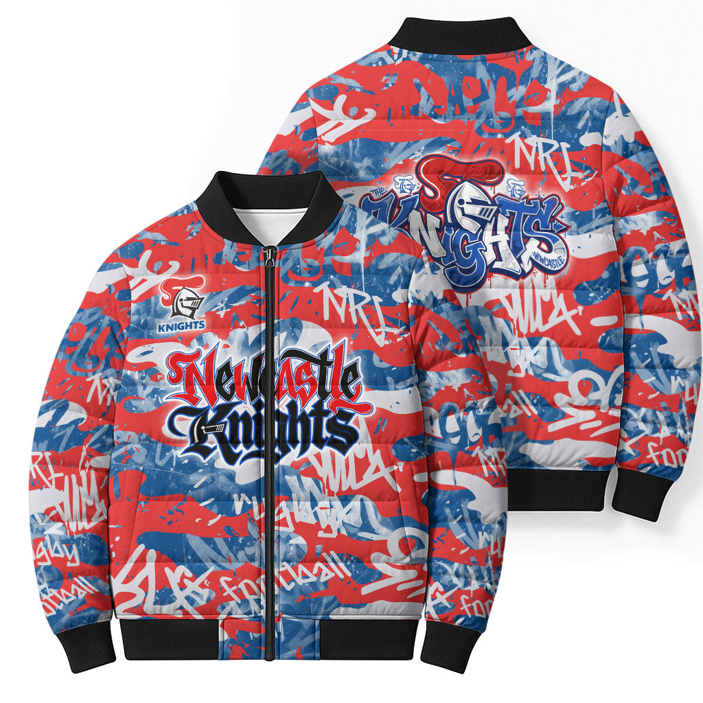 Newcastle Knights Rugby Bomber Puffer Jacket Graffiti Typography Urban Camo Abstract Street Style