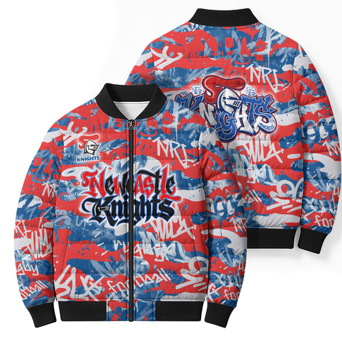 Newcastle Knights Rugby Bomber Puffer Jacket Graffiti Typography Urban Camo Abstract Street Style