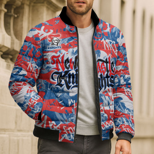 Newcastle Knights Rugby Bomber Puffer Jacket Graffiti Typography Urban Camo Abstract Street Style